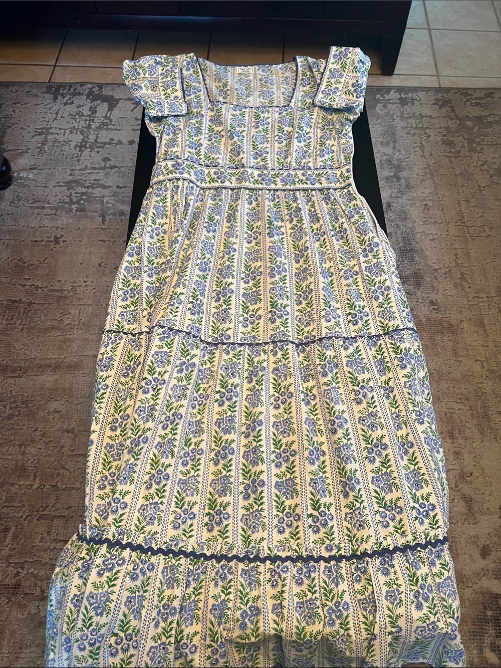 Blue and Green Floral Maxi Dress with Ruffle Sleeves
